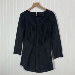 Raga Black Faux Suede Fringe Tunic Top S Western Cowgirl Boho Festival Retro